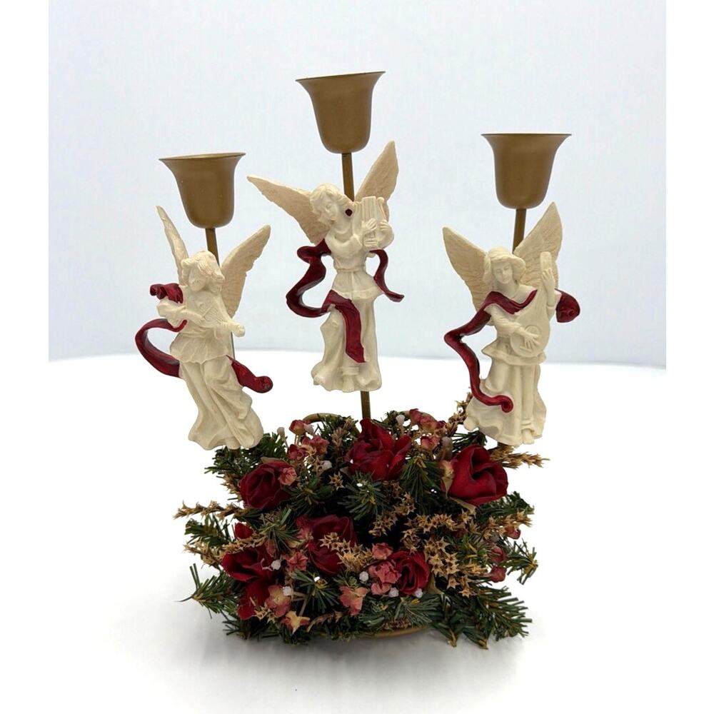 Vtg Angel Trio Christmas Holiday Centerpiece Candle Holder Floral Burgundy 9"
